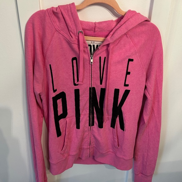 Victoria Secret PINK Women Sweatshirt Medium Pink Full Zip Hoodie Love Logo - Picture 1 of 3